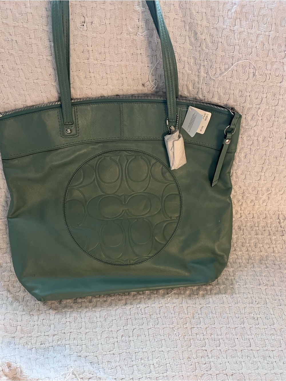 Coach Green Leather Tote with Embossed Signature Circle